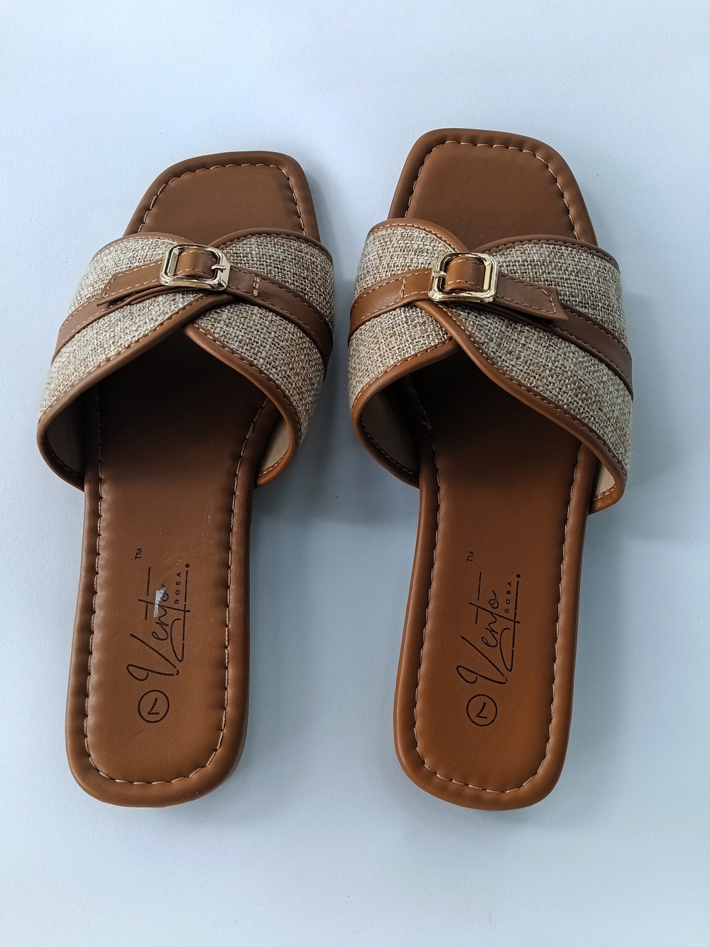 Vento Rosa Women's Cognac Brown Woven Raffia Buckle Slide Sandals Size 7 New
